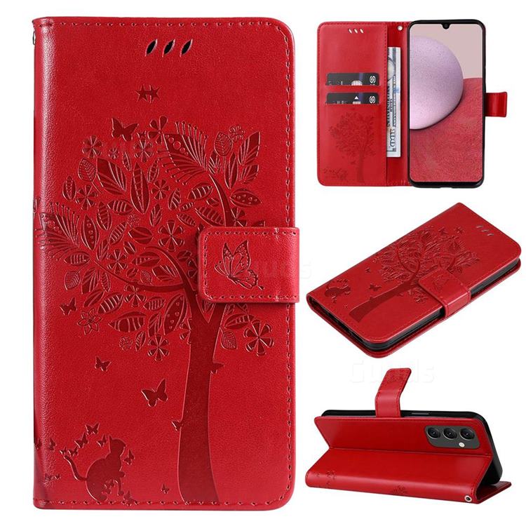 Embossing Butterfly Tree Leather Wallet Case for Samsung Galaxy A14 5G - Red