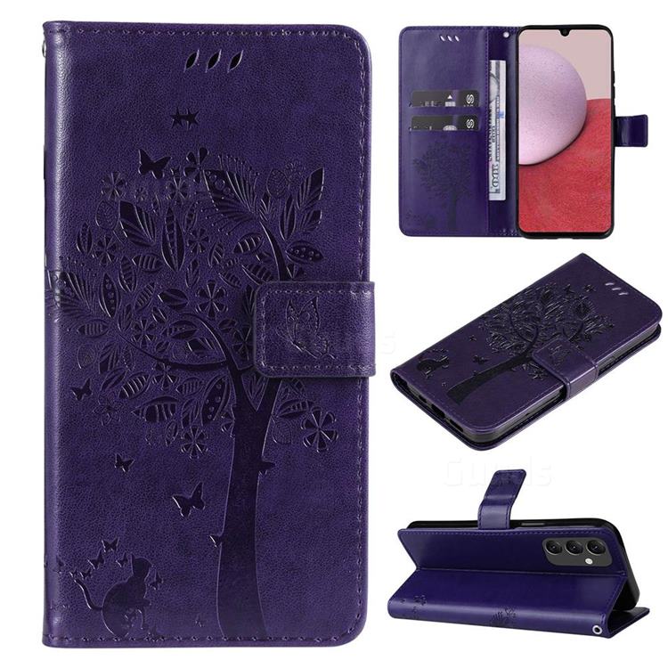 Embossing Butterfly Tree Leather Wallet Case for Samsung Galaxy A14 5G - Purple