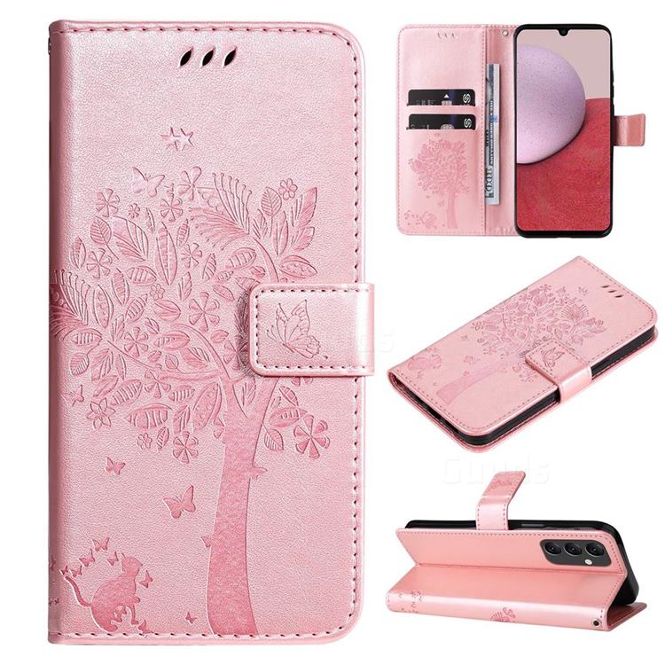 Embossing Butterfly Tree Leather Wallet Case for Samsung Galaxy A14 5G - Rose Pink