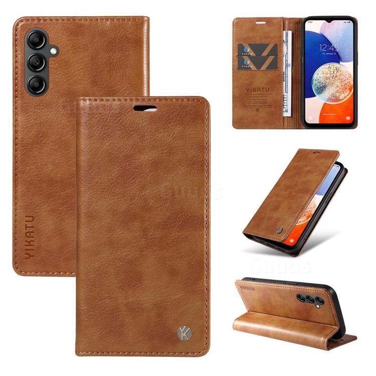 YIKATU Litchi Card Magnetic Automatic Suction Leather Flip Cover for Samsung Galaxy A14 5G - Brown