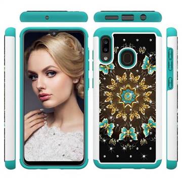 Golden Butterflies Studded Rhinestone Bling Diamond Shock Absorbing Hybrid Defender Rugged Phone Case Cover for Samsung Galaxy A20