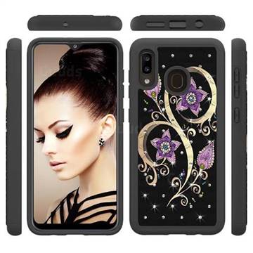 Peacock Flower Studded Rhinestone Bling Diamond Shock Absorbing Hybrid Defender Rugged Phone Case Cover for Samsung Galaxy A20