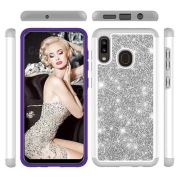 Glitter Rhinestone Bling Shock Absorbing Hybrid Defender Rugged Phone Case Cover for Samsung Galaxy A20 - Gray
