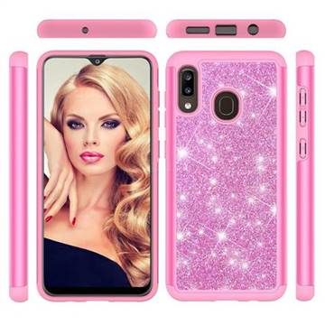 Glitter Rhinestone Bling Shock Absorbing Hybrid Defender Rugged Phone Case Cover for Samsung Galaxy A20 - Pink