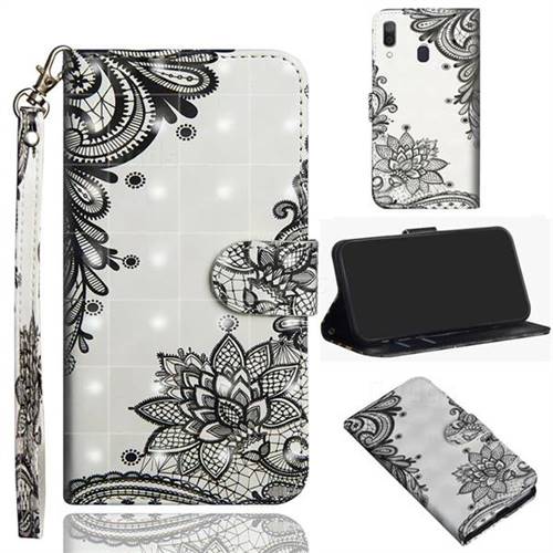 Black Lace Flower 3D Painted Leather Wallet Case for Samsung Galaxy A20