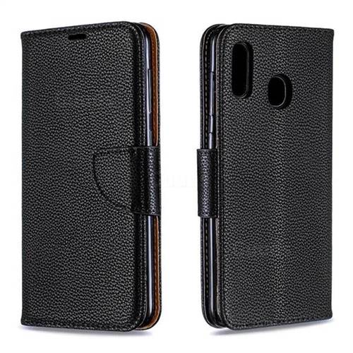 Classic Luxury Litchi Leather Phone Wallet Case for Samsung Galaxy A20 - Black