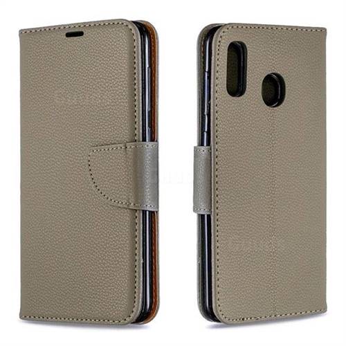 Classic Luxury Litchi Leather Phone Wallet Case for Samsung Galaxy A20 - Gray