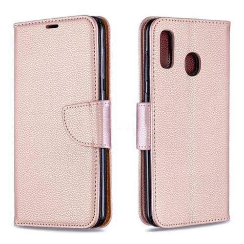 Classic Luxury Litchi Leather Phone Wallet Case for Samsung Galaxy A20 - Golden