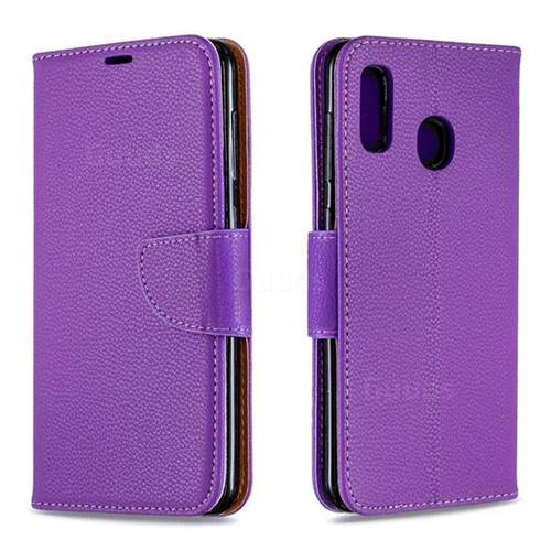 Classic Luxury Litchi Leather Phone Wallet Case for Samsung Galaxy A20 - Purple