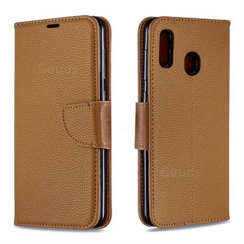 Classic Luxury Litchi Leather Phone Wallet Case for Samsung Galaxy A20 - Brown