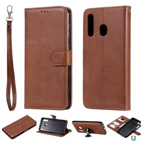 Retro Greek Detachable Magnetic PU Leather Wallet Phone Case for Samsung Galaxy A20 - Brown
