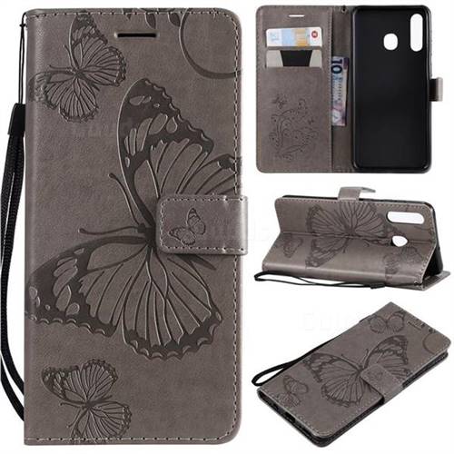 Embossing 3D Butterfly Leather Wallet Case for Samsung Galaxy A20 - Gray