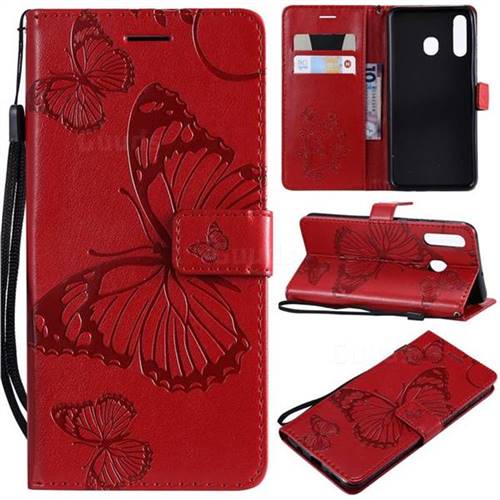 Embossing 3D Butterfly Leather Wallet Case for Samsung Galaxy A20 - Red