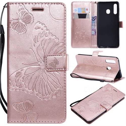 Embossing 3D Butterfly Leather Wallet Case for Samsung Galaxy A20 - Rose Gold