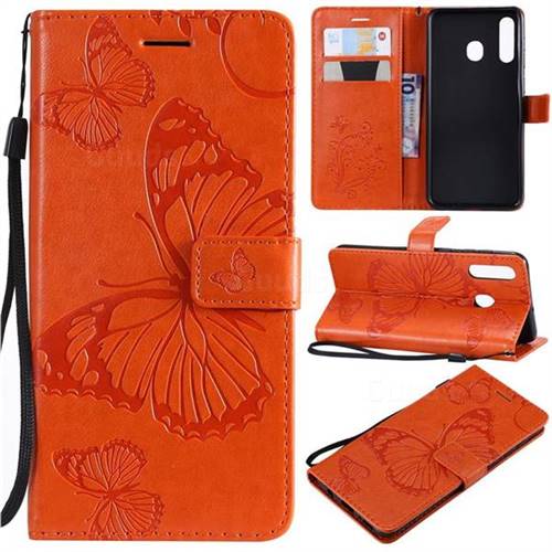 Embossing 3D Butterfly Leather Wallet Case for Samsung Galaxy A20 - Orange