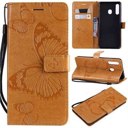 Embossing 3D Butterfly Leather Wallet Case for Samsung Galaxy A20 - Yellow