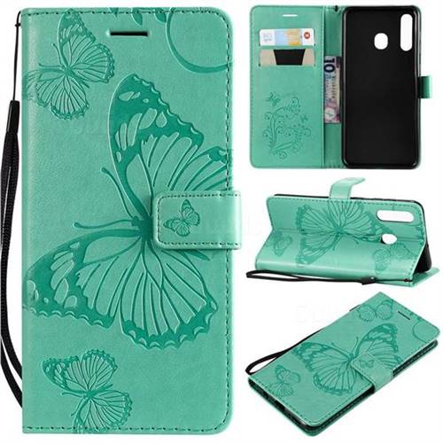 Embossing 3D Butterfly Leather Wallet Case for Samsung Galaxy A20 - Green