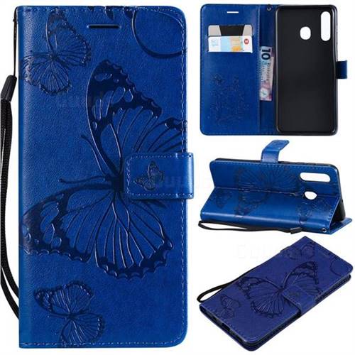 Embossing 3D Butterfly Leather Wallet Case for Samsung Galaxy A20 - Blue