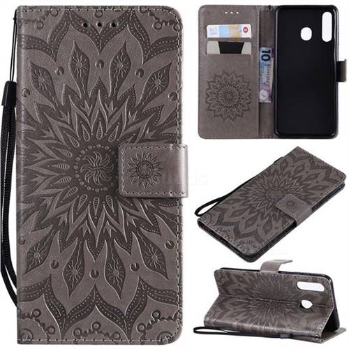 Embossing Sunflower Leather Wallet Case for Samsung Galaxy A20 - Gray