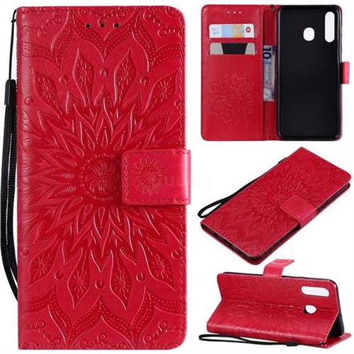 Embossing Sunflower Leather Wallet Case for Samsung Galaxy A20 - Red