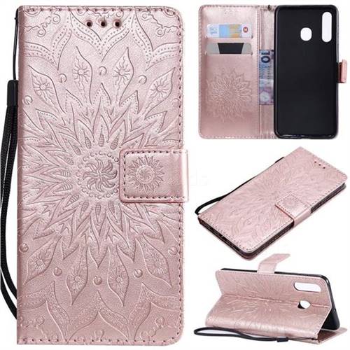 Embossing Sunflower Leather Wallet Case for Samsung Galaxy A20 - Rose Gold