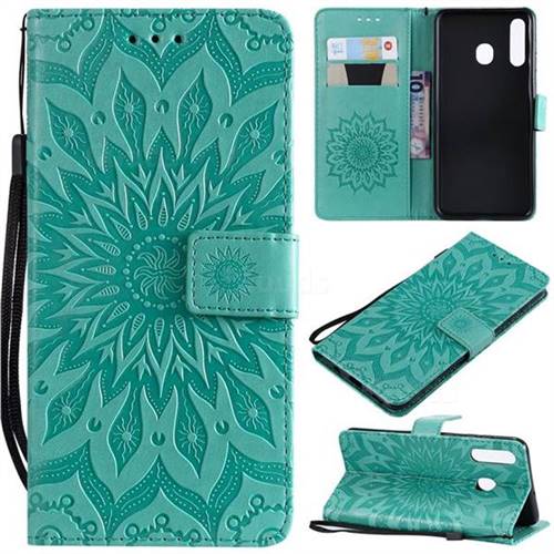 Embossing Sunflower Leather Wallet Case for Samsung Galaxy A20 - Green