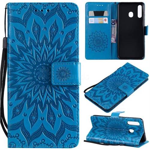 Embossing Sunflower Leather Wallet Case for Samsung Galaxy A20 - Blue