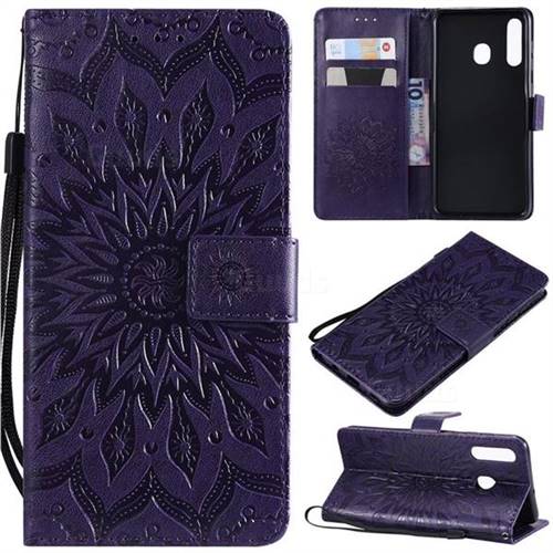 Embossing Sunflower Leather Wallet Case for Samsung Galaxy A20 - Purple