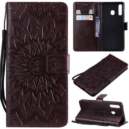 Embossing Sunflower Leather Wallet Case for Samsung Galaxy A20 - Brown