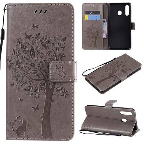 Embossing Butterfly Tree Leather Wallet Case for Samsung Galaxy A20 - Grey