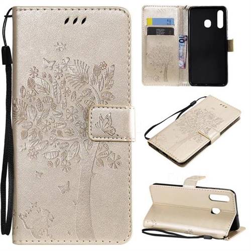 Embossing Butterfly Tree Leather Wallet Case for Samsung Galaxy A20 - Champagne