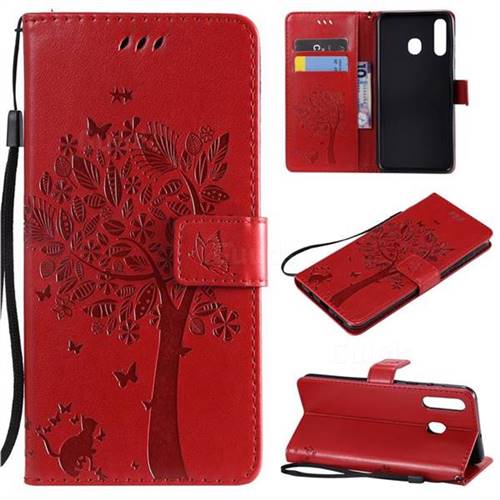 Embossing Butterfly Tree Leather Wallet Case for Samsung Galaxy A20 - Red