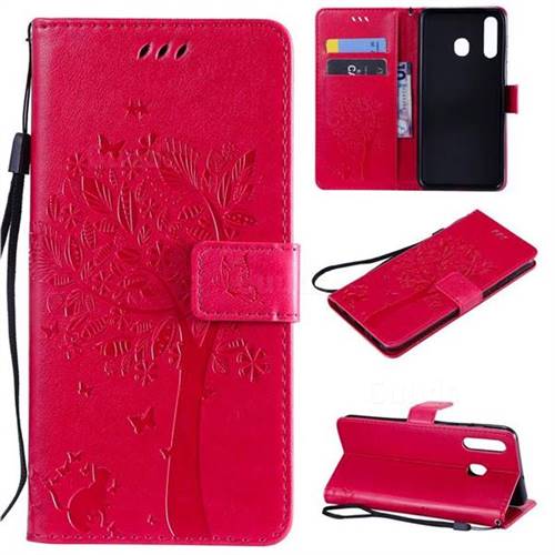 Embossing Butterfly Tree Leather Wallet Case for Samsung Galaxy A20 - Rose