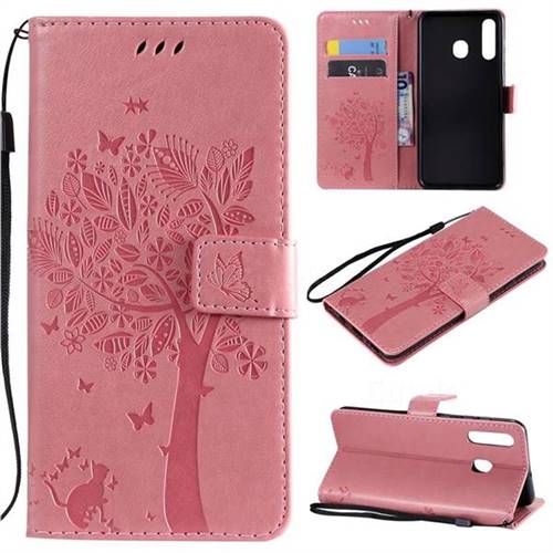 Embossing Butterfly Tree Leather Wallet Case for Samsung Galaxy A20 - Pink