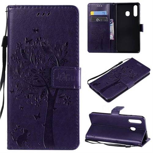 Embossing Butterfly Tree Leather Wallet Case for Samsung Galaxy A20 - Purple