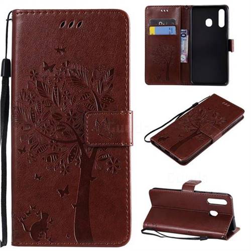 Embossing Butterfly Tree Leather Wallet Case for Samsung Galaxy A20 - Coffee