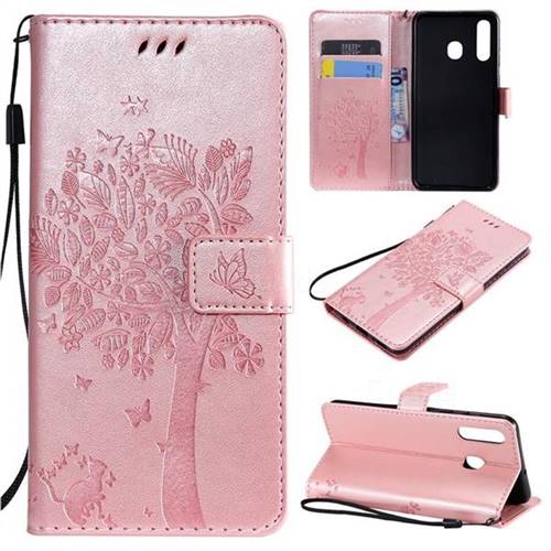 Embossing Butterfly Tree Leather Wallet Case for Samsung Galaxy A20 - Rose Pink