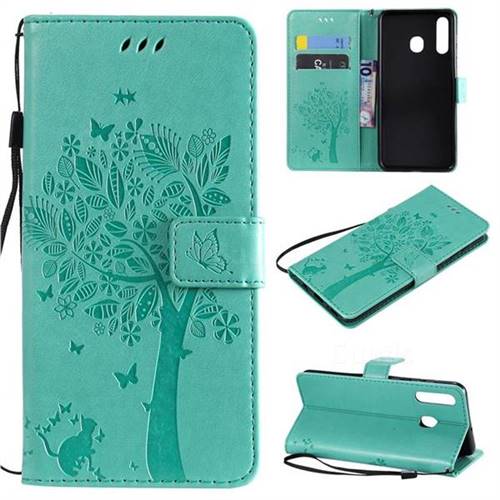 Embossing Butterfly Tree Leather Wallet Case for Samsung Galaxy A20 - Cyan