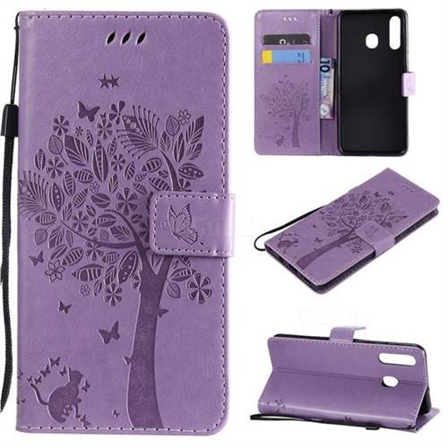 Embossing Butterfly Tree Leather Wallet Case for Samsung Galaxy A20 - Violet