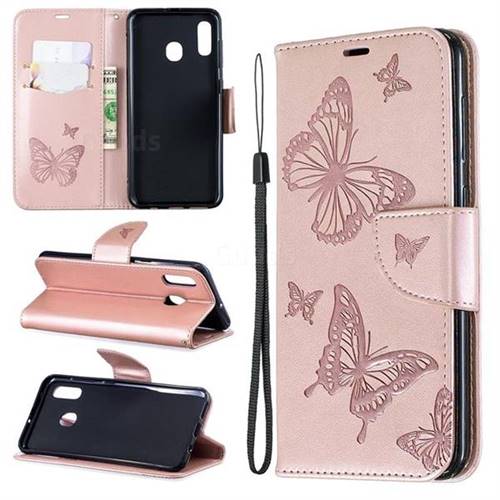 Embossing Double Butterfly Leather Wallet Case for Samsung Galaxy A20 - Rose Gold