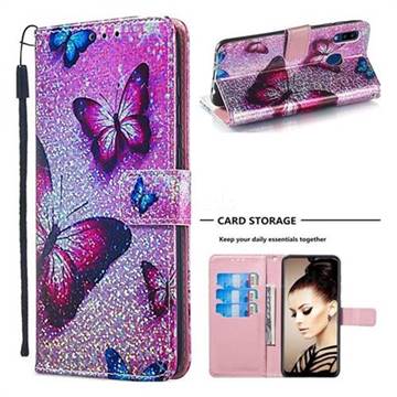 Blue Butterfly Sequins Painted Leather Wallet Case for Samsung Galaxy A20