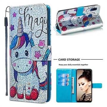 Star Unicorn Sequins Painted Leather Wallet Case for Samsung Galaxy A20