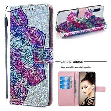 Glutinous Flower Sequins Painted Leather Wallet Case for Samsung Galaxy A20