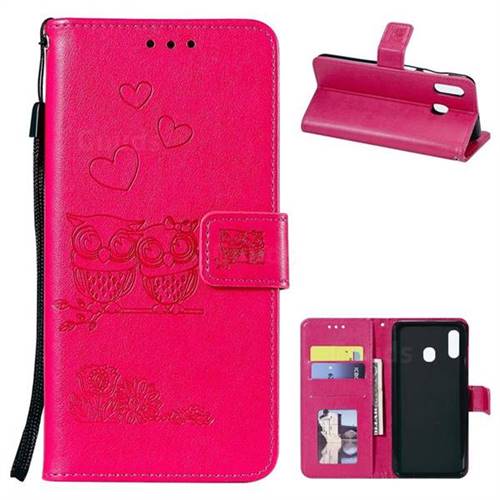 Embossing Owl Couple Flower Leather Wallet Case for Samsung Galaxy A20 - Red