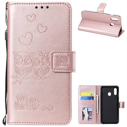 Embossing Owl Couple Flower Leather Wallet Case for Samsung Galaxy A20 - Rose Gold