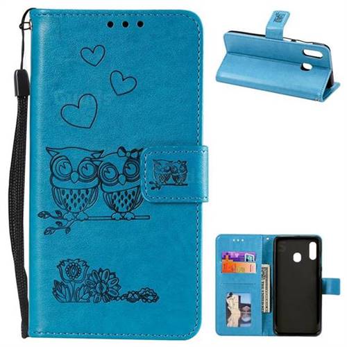 Embossing Owl Couple Flower Leather Wallet Case for Samsung Galaxy A20 - Blue