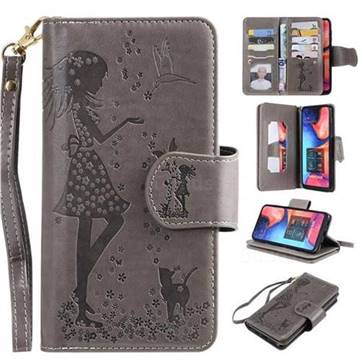 Embossing Cat Girl 9 Card Leather Wallet Case for Samsung Galaxy A20 - Gray