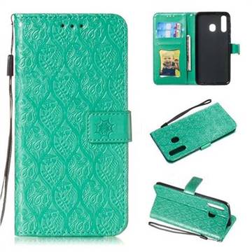 Intricate Embossing Rattan Flower Leather Wallet Case for Samsung Galaxy A20 - Green