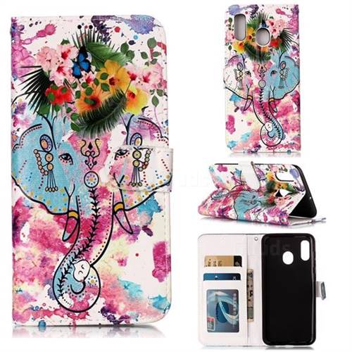 Flower Elephant 3D Relief Oil PU Leather Wallet Case for Samsung Galaxy A20