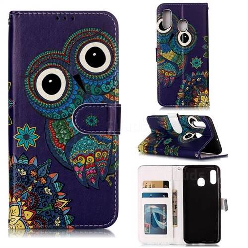 Folk Owl 3D Relief Oil PU Leather Wallet Case for Samsung Galaxy A20